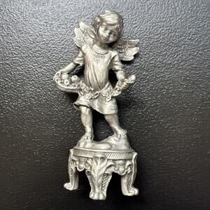 Vintage Pewter Cherub Angel Figurine with Fruit Basket On Stand 4"